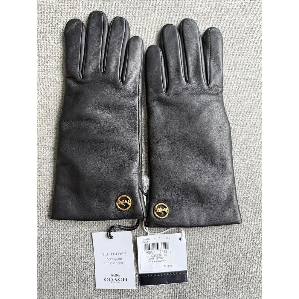 Coach Horse And Carriage Sheep Leather Tech Gloves Black Size 6.5 - F76310 New
